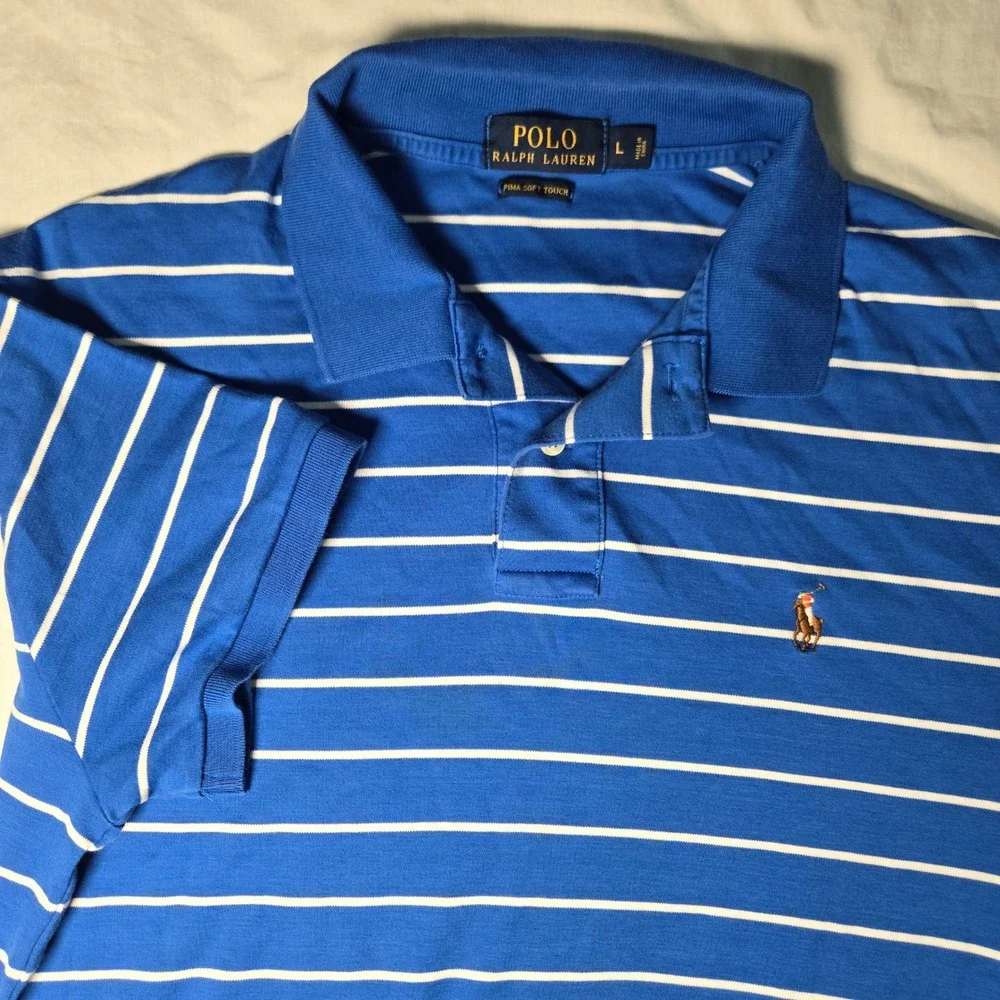 Polo Ralph Lauren Mens Pima Soft Touch Striped Polo Shirt Blue White Large L